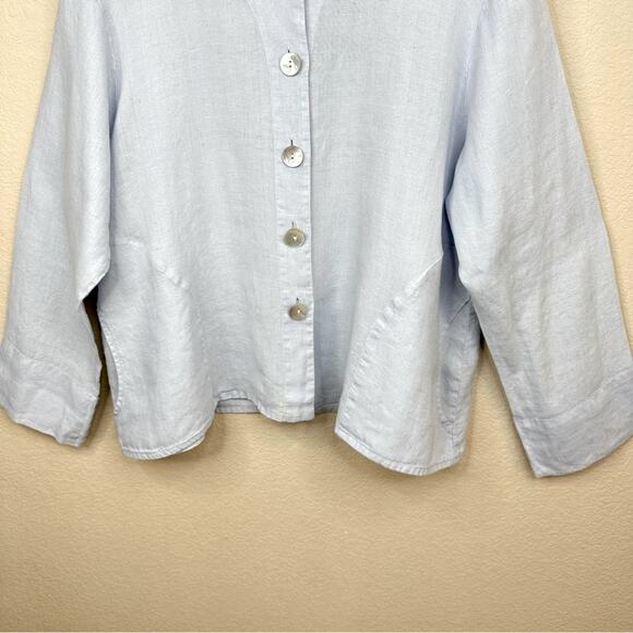 FLAX 100% Linen Light Blue Over Size Button Crew Neck Long Sleeve Pockets Sz L - Picture 7 of 14